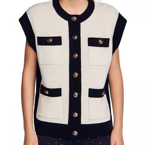 Sandro Black & White Button-Front Knit Vest SandroLunea Two Tone Sleeveless Coat